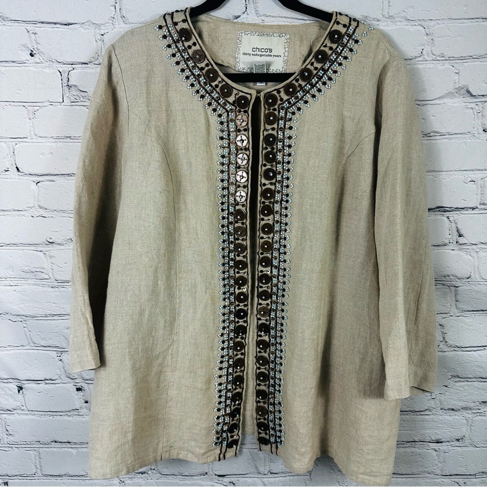 Chico's Beige Beaded Embellished Linen Duster/Jacket Size (XL)